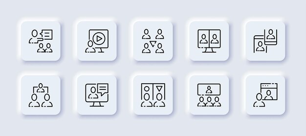 Icono de conjunto de comunicación de trabajo Director gerente distribuir tareas subordinados jerarquía trabajo en equipo conferencia en línea teléfono computadora presentación Concepto de negocio Neomorfismo Icono de línea vectorial