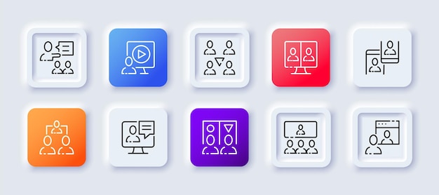 Icono de conjunto de comunicación de trabajo Hablar discurso empleado presentación logros objetivos personales diagrama de flecha Concepto de negocio Estilo de neomorfismo Icono de línea de vector para negocios