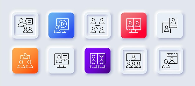 Icono de conjunto de comunicación de trabajo hablar discurso empleado presentación logros objetivos personales diagrama de flecha concepto de negocio estilo de neomorfismo icono de línea de vector para negocios