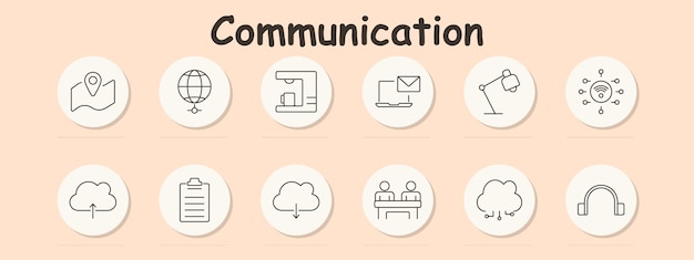 El icono del conjunto de comunicaciones Mapa globo lámpara de escritorio nube cargar nube descargar lista de discursos correo electrónico portátil conexión a la red conferencia difusión tecnología de auriculares de comunicación