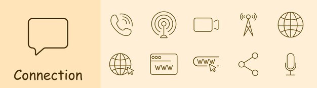 El icono de conjunto de conexión Chat llamada telefónica comunicación cámara de video antena red globo sitio web de Internet WWW ventana enlace compartir icono micrófono concepto de comunicación de Internet
