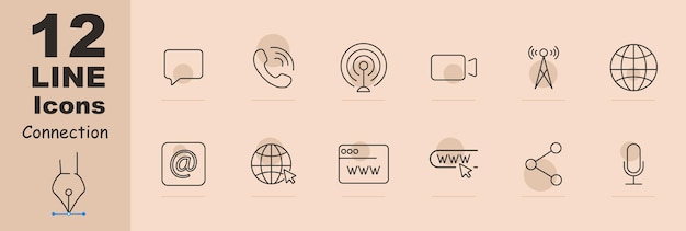 El icono de conjunto de conexión Chat llamada telefónica comunicación cámara de video antena red globo sitio web de Internet WWW ventana enlace compartir icono micrófono concepto de comunicación de Internet