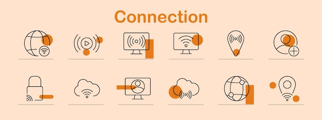 Icono de conjunto de conexión pantalla de video WiFi global señal de transmisión inalámbrica red en la nube ubicación del usuario seguridad tecnología de comunicación en línea digital