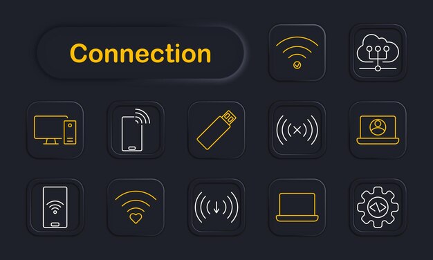El icono del conjunto de conexión Wi-Fi, el ordenador, el teléfono, la unidad flash, la nube, la señal de descarga, el portátil, la tecnología, la interfaz de datos, la conectividad, el dispositivo de red inalámbrica.