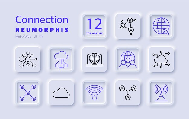 El icono del conjunto de conexiones: almacenamiento en la nube de la red, equipo portátil, wifi, comunidad global, conectividad digital, transferencia de datos, comunicación en línea, señal de Internet, web, medios sociales.