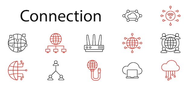 El icono de conjunto de conexiones, la nube de red, el globo inalámbrico, la jerarquía, el router portátil, la señal de comunicación global, la tecnología de enlace a Internet, el intercambio de datos en línea, el acceso a la red.