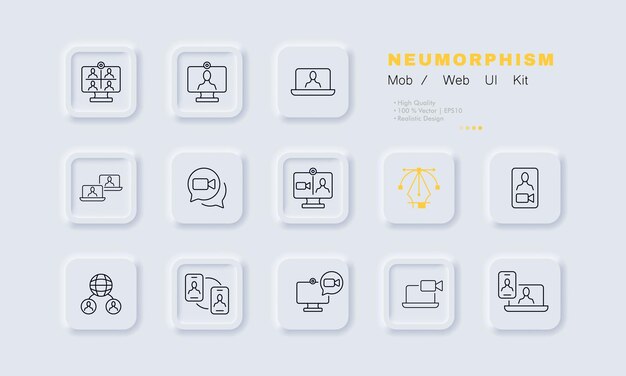 Icono de conjunto de conferencias en línea Computadora portátil teléfono cámara trabajo remoto aprendizaje a distancia sesión informativa conferencia reunión Concepto de comunicación en línea Estilo de neomorfismo Icono de línea vectorial para negocios