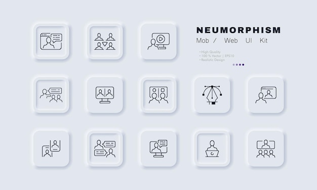 Icono de conjunto de conferencias en línea reunión de negocios computadora trabajo remoto sesión informativa sitio web discurso burbuja estrategia distribución de tareas presentación concepto de comunicación neomorfismo icono de línea vectorial