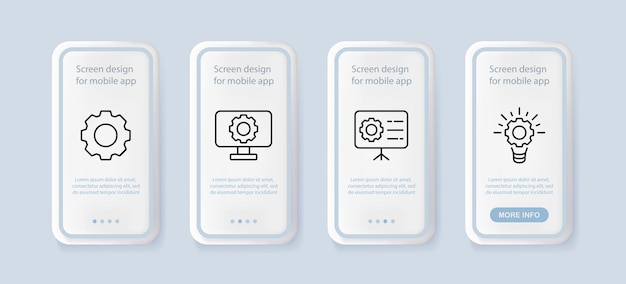 Icono de conjunto de configuración Configuraciones de la lámpara de engranaje Diseño del ajustador Implementación del proyecto Concepto de resolución de problemas Pantallas de aplicaciones de teléfono de interfaz de usuario con personas Icono de línea vectorial para empresas