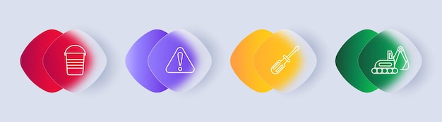 Icono de conjunto de construcción Suministros de reparación de equipo cubo de gradiente equipos pesados vías grúa señal de peligro signo de exclamación destornillador concepto de equipo de construcción estilo Glassmorphism