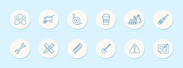 Icono de conjunto de construcción Ventilador de numeración de equipos equipo pesado pala clavos regla de lápiz señal de advertencia destornillador llave de construcción concepto de equipo de construcción Icono de línea vectorial
