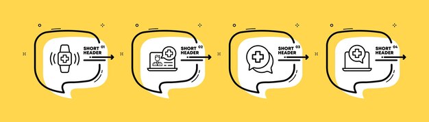 Icono de conjunto de consulta en línea Doctor computadora comunicación prescripción enfermedad Concepto de atención médica Línea de tiempo infográfica con iconos y 4 pasos Icono de línea vectorial para negocios y publicidad