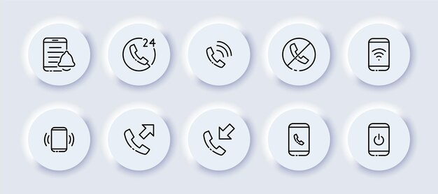 Icono de conjunto de contactos comerciales Campana de mensaje de notificación de teléfono 24 7 teléfono tachado wifi botón de encendido entrante de llamada saliente Concepto de comunicación Estilo de neomorfismo Icono de línea vectorial