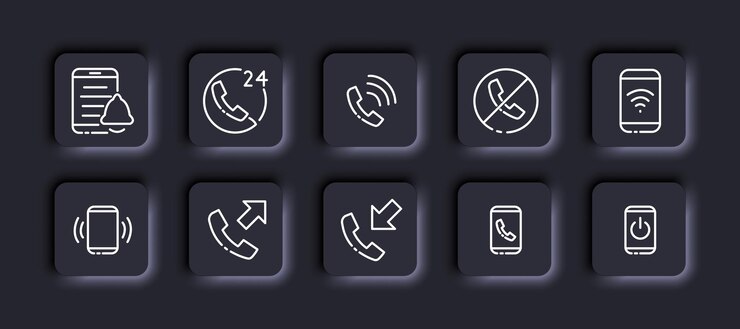 Icono de conjunto de contactos comerciales Campana de mensaje de notificación de teléfono 24 7 teléfono tachado wifi botón de encendido entrante de llamada saliente Concepto de comunicación Estilo de neomorfismo Icono de línea vectorial