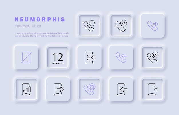 Icono de conjunto de contactos comerciales Llamada telefónica línea fija flecha de marcación durante todo el día carta entrante correo electrónico saliente Concepto de comunicación Neomorfismo Icono de línea vectorial para negocios y publicidad