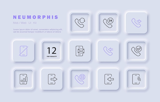 Icono de conjunto de contactos comerciales llamada telefónica línea fija flecha de marcación durante todo el día carta entrante correo electrónico saliente concepto de comunicación neomorfismo icono de línea vectorial para negocios y publicidad