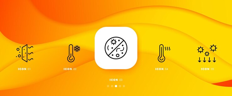 Vector icono de conjunto de control de temperatura limpieza aire olor propagación de gérmenes flechas hacia abajo frío cálido concepto de atmósfera línea de tiempo infográfica con iconos y 5 pasos icono de línea vectorial para negocios