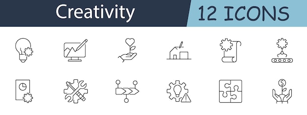 Icono de conjunto de creatividad Incluye símbolos para la generación de ideas, diseño, innovación y resolución de problemas Adecuado para procesos creativos, lluvia de ideas y conceptos de desarrollo de proyectos Icono de línea vectorial