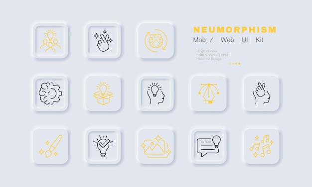 Ícono de conjunto de creatividad Infla tu cerebro corazón koren hábilmente pensamiento innovador arte de inspiración Concepto de idea Estilo de neomorfismo Icono de línea vectorial para Negocios y Publicidad