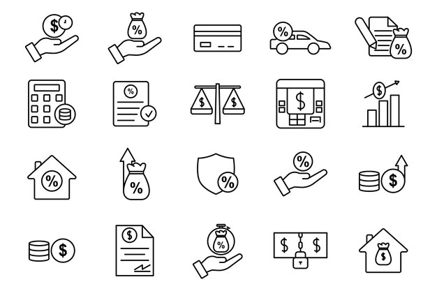 Ícono de conjunto de crédito y préstamo Contiene iconos de préstamo de crédito arrendamiento hipotecario, etc. Adequado para el diseño de sitios web, interfaces de usuario de aplicaciones, imprimibles, etc. Estilo de ícono de línea Diseño vectorial simple editable