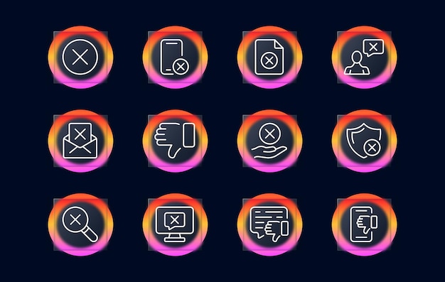 Icono de conjunto cruzado Error prohibido error de acceso de archivo de burbuja de voz de teléfono denegado cancelar cerrar rotura Concepto de marca de verificación Estilo de morfismo de cristal Icono de línea vectorial