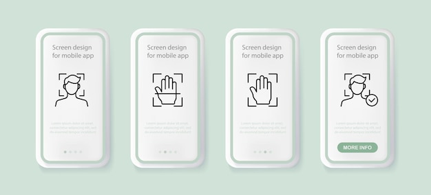 Icono de conjunto de datos biométricos Reconocimiento de identificación facial de huellas dactilares mano aprobada marca de verificación de persona permitida Pantallas de aplicación de teléfono de interfaz de usuario de concepto de tecnología Icono de línea vectorial para negocios y publicidad