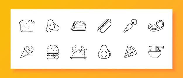 El icono del conjunto de delicias Pan shawarma huevos fritos huevos helados zanahorias bistec hamburguesa salchicha en masa pollo a la parrilla pizza fideos comida callejera comida inusual icono de línea vectorial