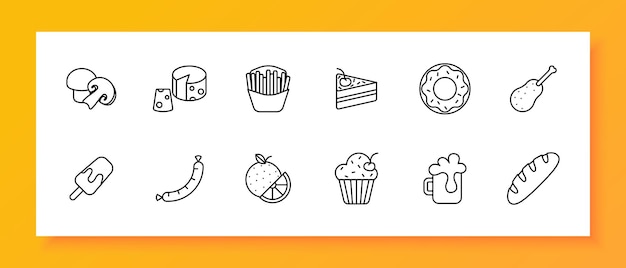 El icono del conjunto de delicias set set set de set de set hongos queso con agujeros cupcake baguette helado rosquilla patatas fritas comida rápida comida chatarra pastel de cereza salchicha bebida comida inusual icono de línea vectorial