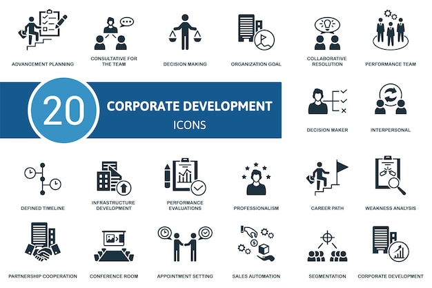 El icono del conjunto de desarrollo corporativo contiene ilustraciones de desarrollo corporativo como consultivas para el equipo, la organización, el equipo de rendimiento de objetivos y más.