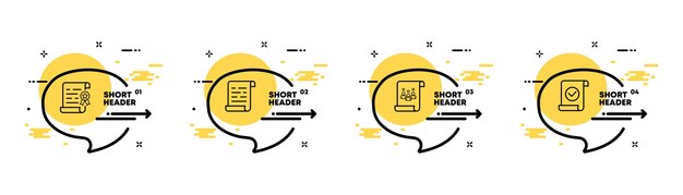 Icono de conjunto de desplazamiento rollo de hoja de archivo éxito marca de verificación logros concepto de pictograma línea de tiempo de infografía con iconos y 4 pasos icono de línea de vector para negocios y publicidad