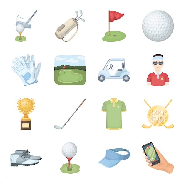 Icono de conjunto de dibujos animados de club de golf. Conjunto de dibujos animados aislado equipamiento deportivo. Club de Golf .