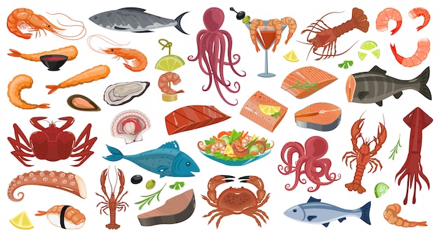 Vector icono de conjunto de dibujos animados de mariscos.