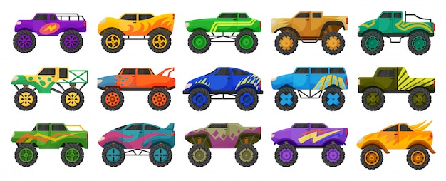 Vector icono de conjunto de dibujos animados de monster truck aislado. conjunto de dibujos animados icono de coche.