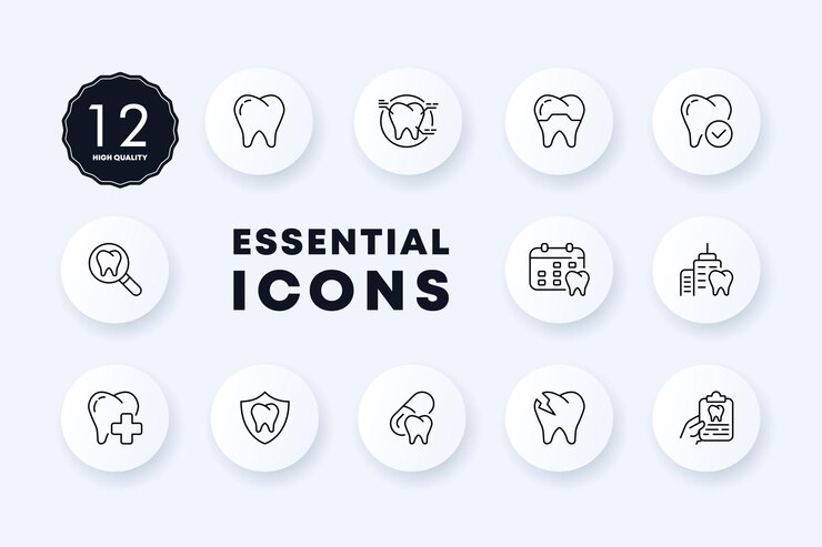 Icono de conjunto de dientes Estomatología dentista esmalte blanqueamiento analgésico caries antibiótico molar cavidad oral estomatitis Concepto de odontología Estilo de neomorfismo Icono de línea vectorial