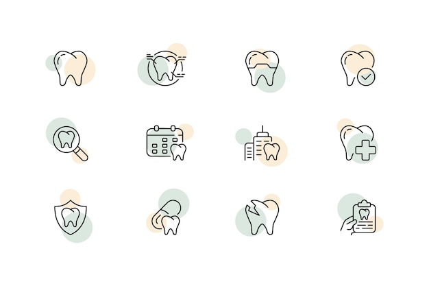 Icono de conjunto de dientes Odontología estomatología Dientes dentista caries protección esmalte dental relleno prótesis carilla llaves sonrisa blanca raíces Concepto de atención médica Icono de línea vectorial