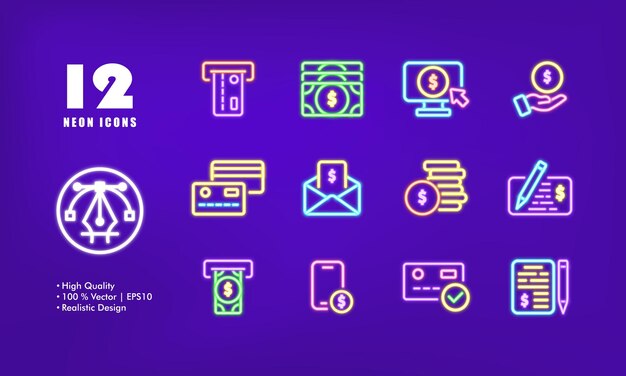 Icono de conjunto de dinero Factura moneda efectivo cheque transacción terminal dinero ATM tarjeta de salario Concepto de moneda Estilo de brillo de neón Icono de línea vectorial para Negocios y Publicidad