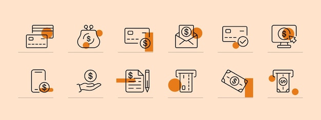 Icono de conjunto de dinero Tarjeta monedero cheque correo moneda cuenta Cajero automático terminal haga clic en transacción de compra en línea compras pago sin contacto nfs Fondo de color pastel Icono de línea vectorial