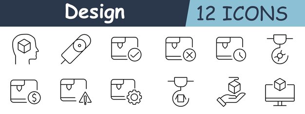 El icono del conjunto de diseño, el paquete de marca de comprobación de la pluma digital de la cabeza con el reloj cruzado, el paqueta con la configuración, el cubo de la mano, el modelado 3D, el signo del dólar, la precaución, el monitor de engranajes triangular.