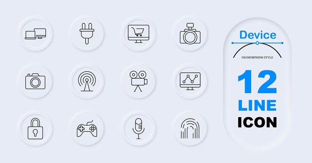 Icono del conjunto de dispositivos Cámara cámara de video enchufe de energía carrito de compras controlador de juegos micrófono huella dactilar bloqueo tabla de torre de señal