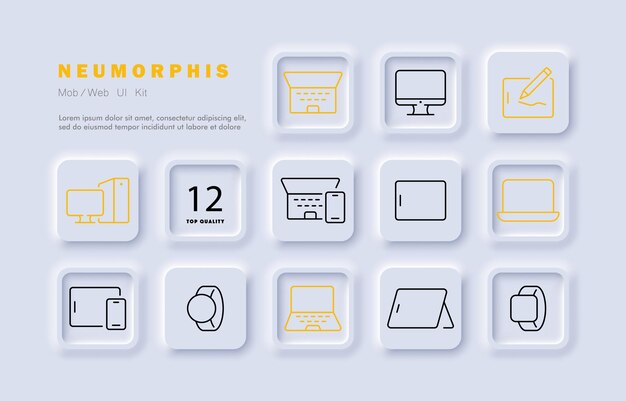 Icono de conjunto de dispositivos inteligentes Vista de computadora portátil desde arriba unidad de sistema de computadora de escritorio pulsera de tableta lápiz de seguimiento de fitness Concepto de tecnología Estilo de neomorfismo Icono de línea vectorial para negocios