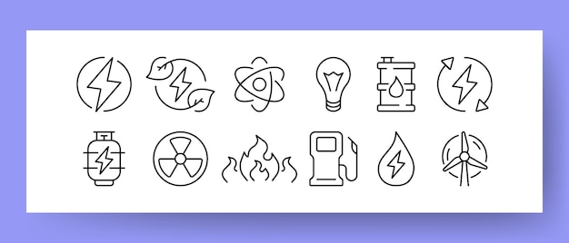 Icono de conjunto de ecología Lámpara de átomos de energía verde Residuos de electricidad Estación de viento Reabastecimiento de combustible Planta nuclear Respetuoso con el medio ambiente Icono de línea vectorial para Negocios y Publicidad