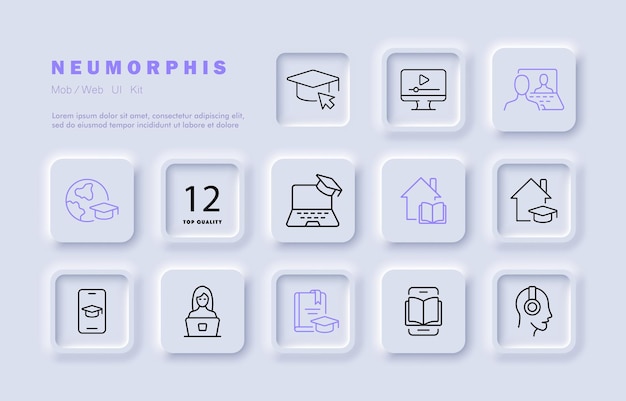 Icono de conjunto de educación a distancia gorra académica en línea libro de texto de computadora libro electrónico internet escuchar música quédate en casa teléfono estudiante auriculares concepto de aprendizaje estilo de neomorfismo icono de línea vectorial