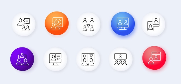 Icono de conjunto de educación a distancia Gorra académica en línea Libro de texto de computadora Libro electrónico Internet estancia en casa teléfono estudiante Concepto de aprendizaje Estilo de neomorfismo Icono de línea vectorial para Negocios y Publicidad