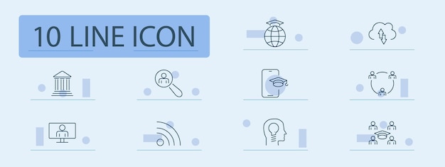 Icono de conjunto de educación Globo cargar universidad curso en línea estudiante graduación aula idea intercambio de conocimiento wifi aprendizaje virtual