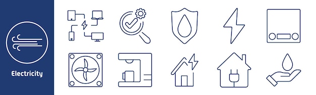 Icono de conjunto de electricidad Energía eólica Dispositivos conectados comprobación de calidad Escudo de agua Relámpago caldera ventilador de refrigeración Máquina CNC casa eléctrica Conservación de agua