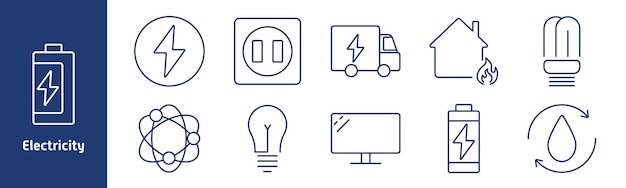 El icono del conjunto de electricidad Símbolo de relámpago de la batería Enchufe de alimentación Camión de entrega Casa eléctrica Bombilla fluorescente Molécula monitor ciclo de energía