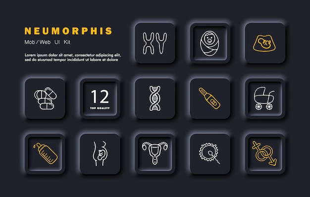 El icono del conjunto de embarazo, los cromosomas de género, el ADN del bebé, la alimentación del huevo, el cochecito, la vagina, el estilo de neomorfismo, el icono de la línea vectorial.