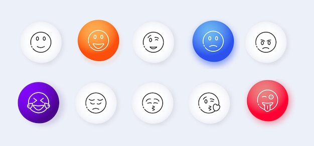 Icono de conjunto de emoticonos Tristeza llanto amor risa sorpresa lengua ira consternación sobresalto emoción destemplada sentimiento emoji Concepto de estado de ánimo Estilo de neomorfismo Icono de línea vectorial