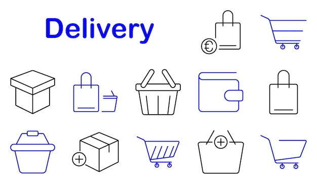 El icono del conjunto de entrega La caja del carrito de compras La etiqueta de precio La bolsa de la canasta La compra en línea El paquete de comercio electrónico El envío minorista La logística La compra La entrega La distribución La orden de bienes de consumo