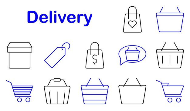 El icono del conjunto de entrega La caja del carrito de compras La etiqueta de precio La bolsa de la canasta La compra en línea El paquete de comercio electrónico El envío minorista La logística La compra La entrega La distribución La orden de bienes de consumo